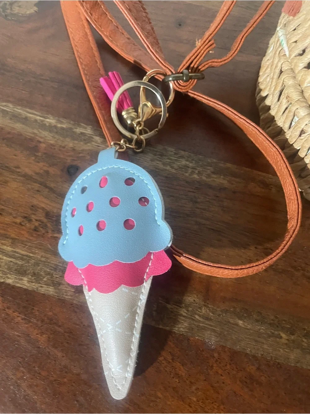 Round Woven Straw Crossbody Bag | Boho Summer Rattan Purse + Ice Cream Charm